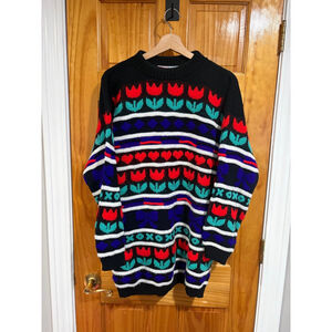 Vintage DELIVERY Ltd Tulip Heart Knit Sweater Black Colorful 80s 90s USA XL